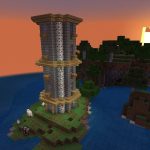 Minecraft tower in sunset